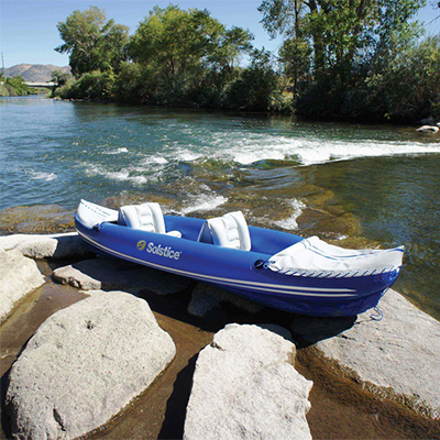 SWIMLINE<sup>&reg;</sup> Solstice Inflatable 2 Person Kayak - Enjoy this inflatable classic style kayak made of heavy duty 26G K80 material. This kayak is convertible for 1 or 2 paddlers with 2 Adjustable and inflatable seats.  Built with a 3 Chamber construction including an L-beam floor for performance and control. Includes front and rear spray covers.  360lbs Weight capacity and Dimensions: 126”L x 33”W. Paddles not included.  